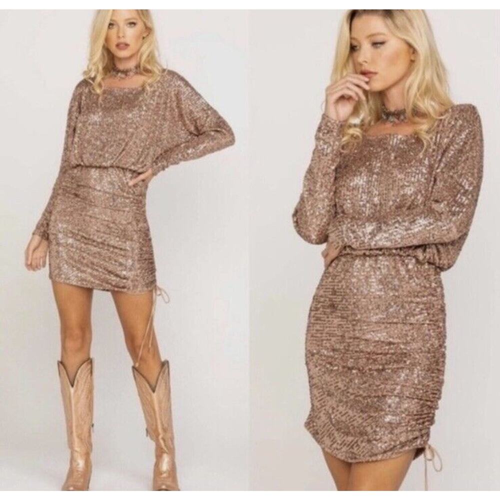 Free People Giselle Rose Gold Sequin Rusched Drawstring One Shoulder Dress Sz L